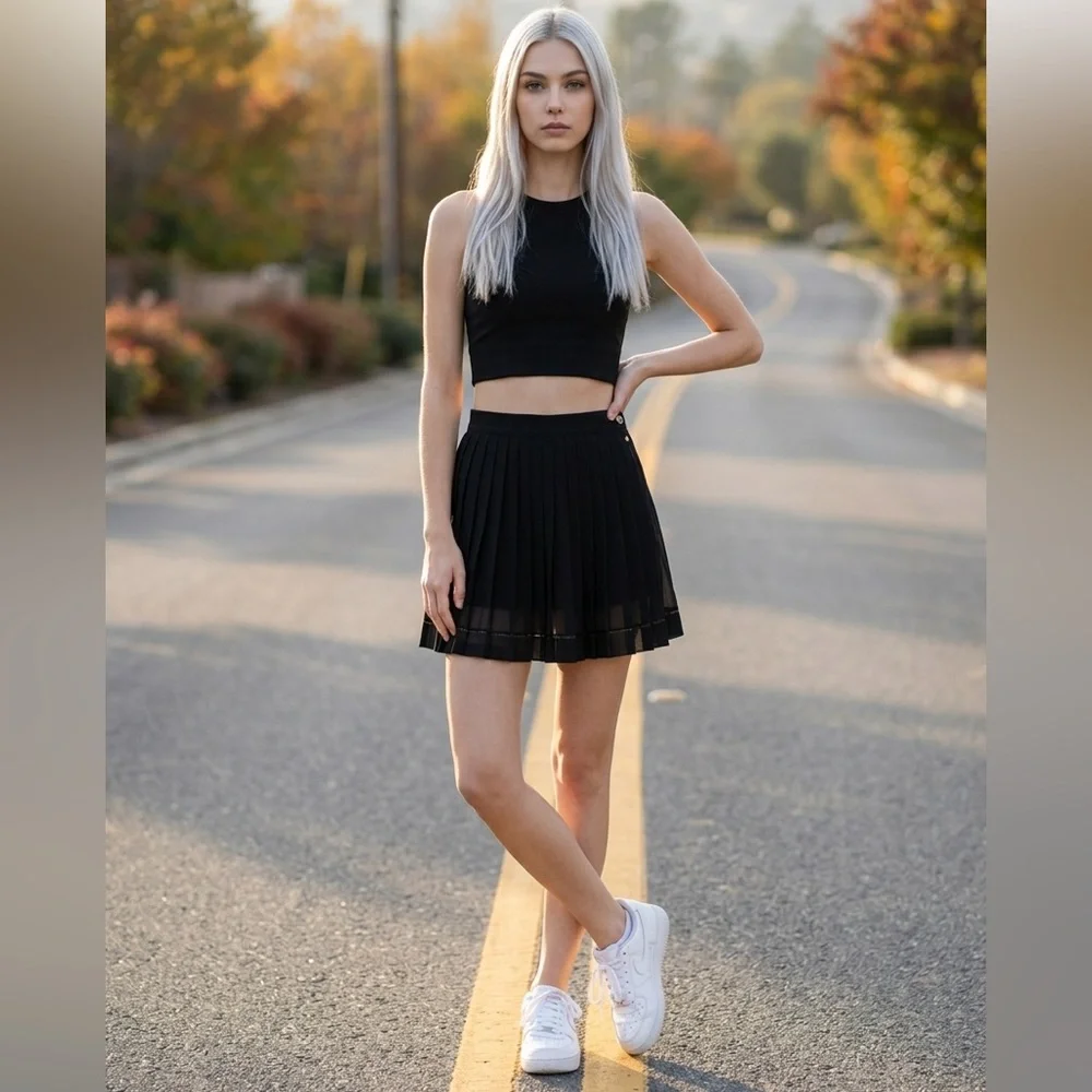 New Authentic Versace Pleated Silk Georgette Skirt in Black